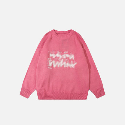 Front view of the pink Oversized Glitter Round Neck Sweater in a gray background 
