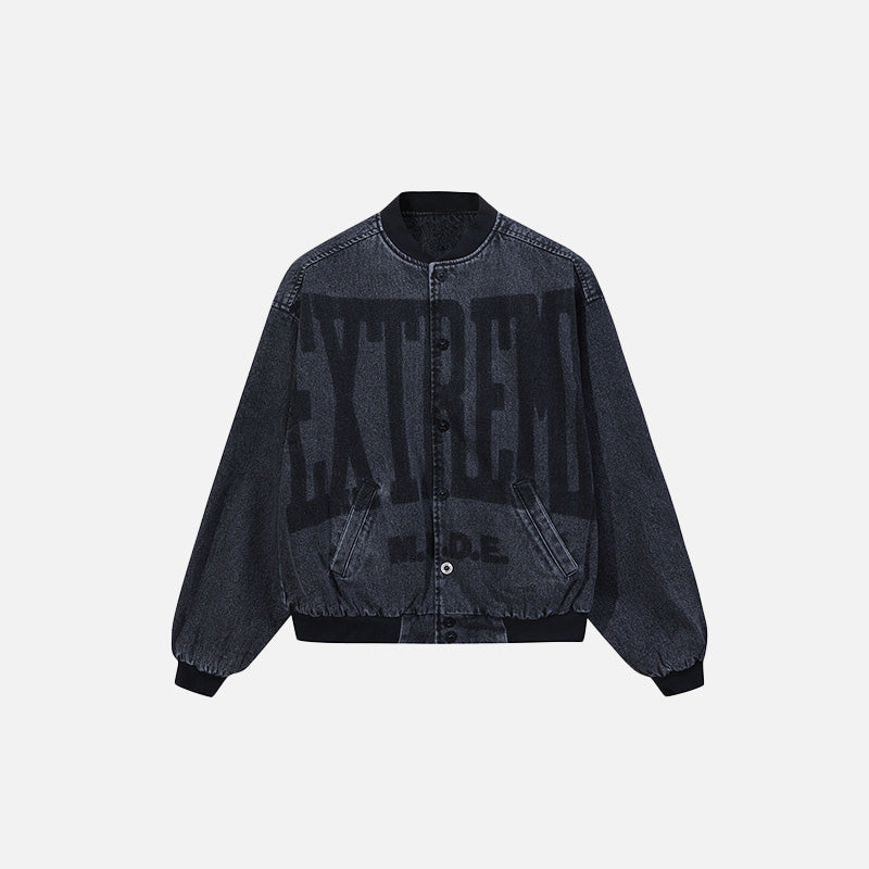 Front view of the black Y2k Washed Denim Jacket in a gray background 