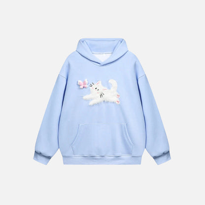 Front view of the sky blue Cat And Butterfly Hoodie in a gray background