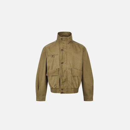 Front view of the khaki Classic High-Collar Utility Jacket in a gray background