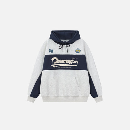 Front view of the grey Retro Vibes Hoodie in a gray background
