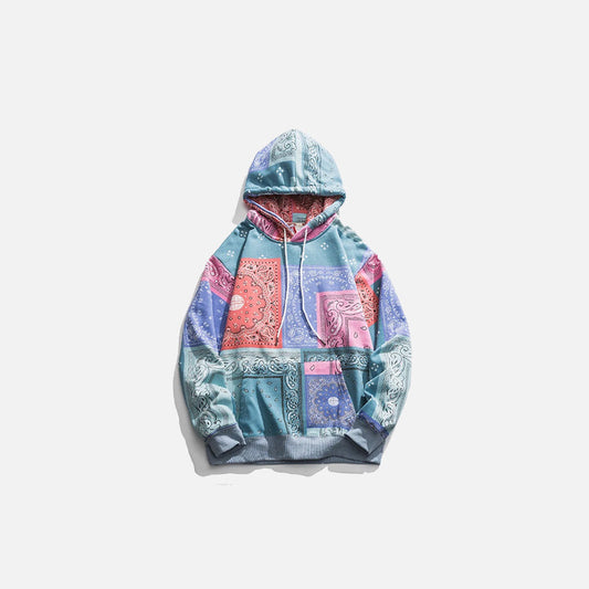 Front view of the blue Bandana Printed Oversized Hoodie in a gray background