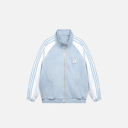 Front view of the blue Classic Striped Track Jacket in a gray background