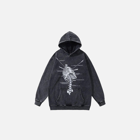 Front view of the black Anatomy In Motion Hoodie in a gray background