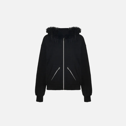 Front view of the black Fur-Hooded Arctic Jacket in a gray background