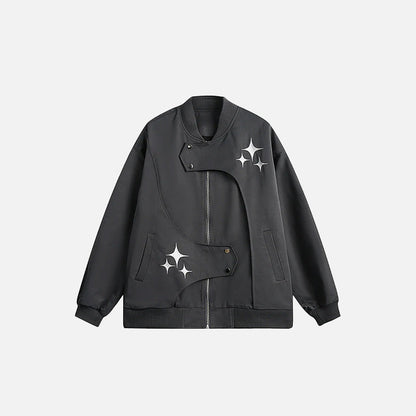 Front view of the dark grey Steller Design Jacket in a gray background