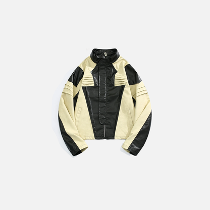 Pleated Contrast Biker Leather Jacket