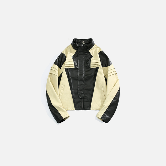 Pleated Contrast Biker Leather Jacket