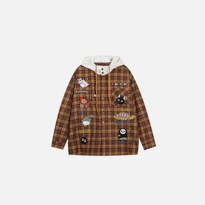 Front view of the brown Patchwork Flannel Jacket in a gray background