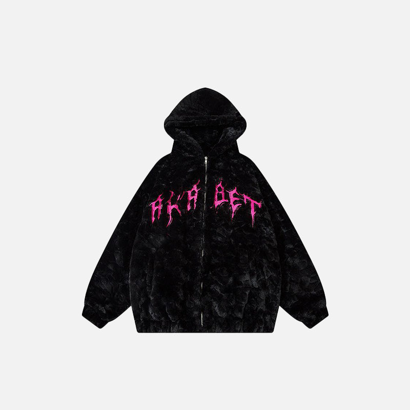 Front view of the Fuzzy Black Jacket in a gray background