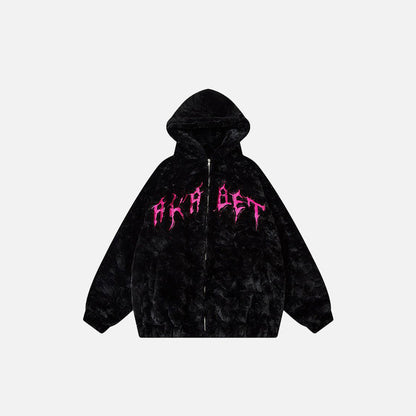 Front view of the Fuzzy Black Jacket in a gray background
