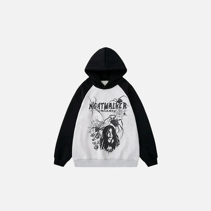 Front view of the grey Nightwalker Horror Hoodie in a gray background