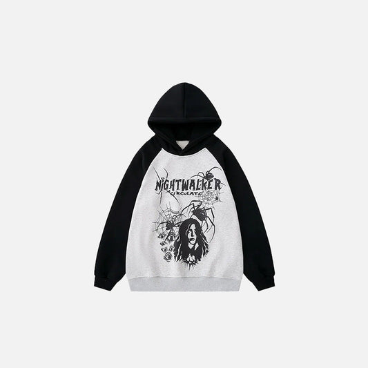 Front view of the grey Nightwalker Horror Hoodie in a gray background