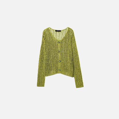 Green Mesh Embellished V-Neck Knit Cardigan