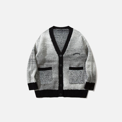 Front view of the gray Loose Long Sleeve Open Front Sweater in a gray background 