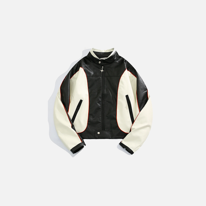Stylish Contrast Color Spliced Motorcycle Leather Jacket