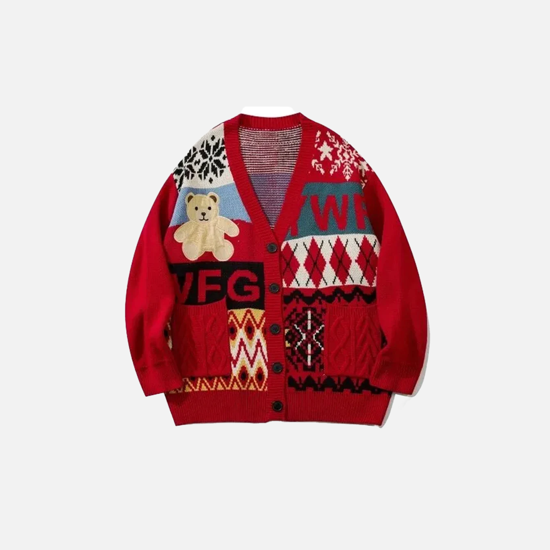 Embroidered Bear Knit Cardigan Sweater