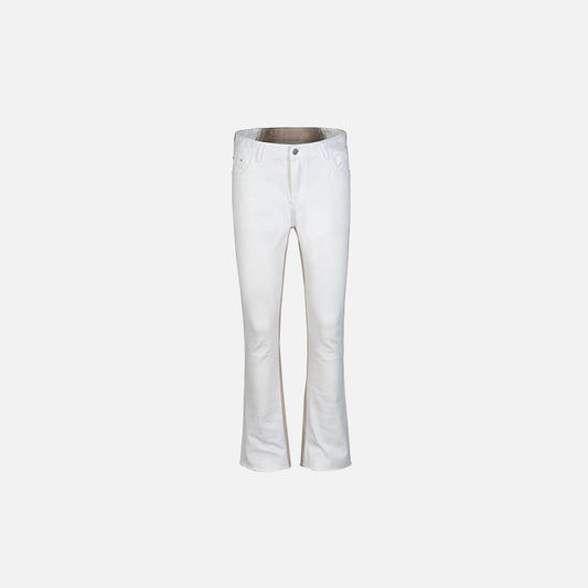 Front view of the white Dual-Tone Wave Flare Jeans in a gray background