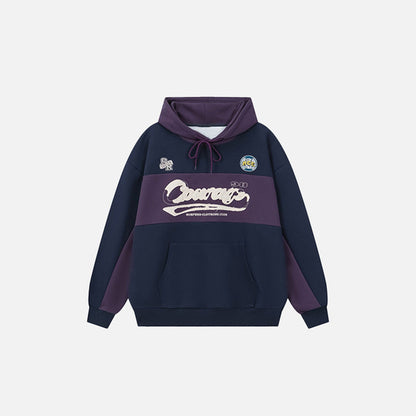 Front view of the purple Retro Vibes Hoodie in a gray background
