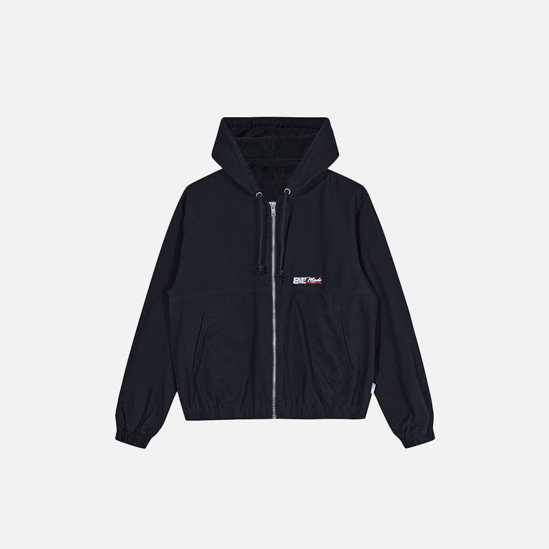 Front view of the black Loose Vintage Zip-up Jacket in a gray background 