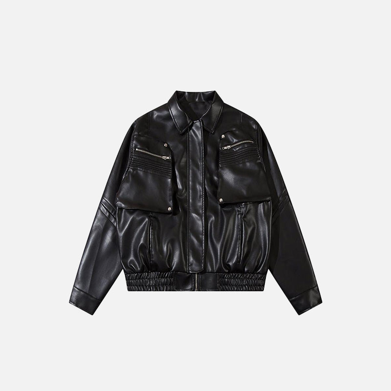 Solid Color Pockets Leather Jacket