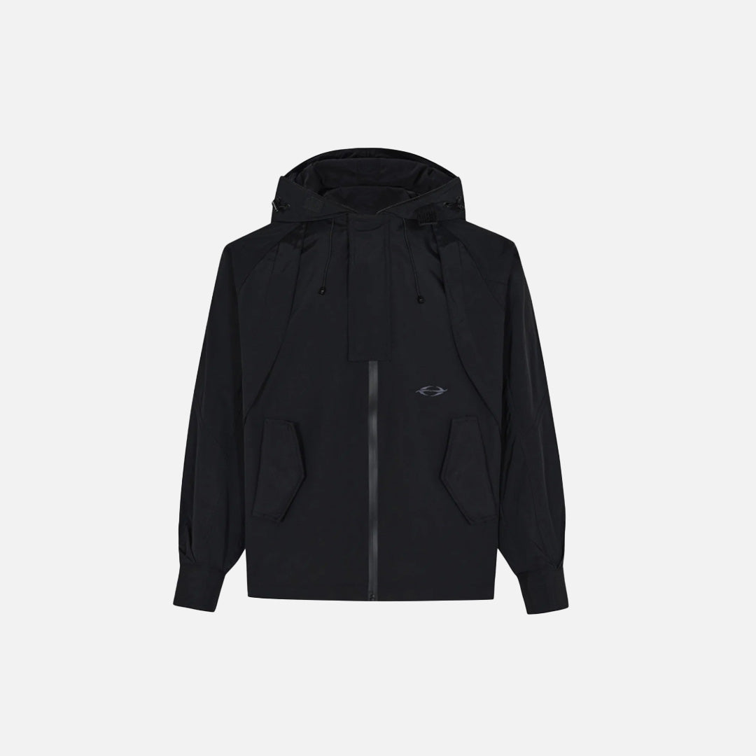 Front view of the black Adventure Nomad Jacket in a gray background