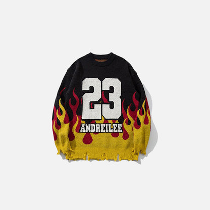 Front view of the black Distressed Flame Sweater in a gray background
