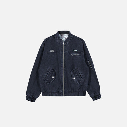 Front view of the black Y2k Washed Cowboy Zip-up Jacket in a gray background 