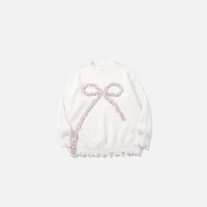 Front view of the white Bow-Knot Embellished Sweater in a gray background