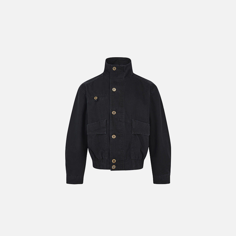 Front view of the black Classic High-Collar Utility Jacket in a gray background
