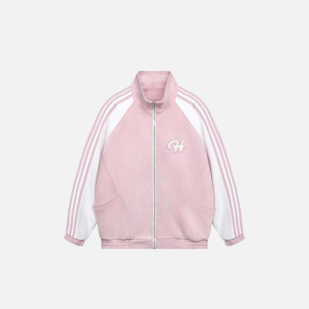 Front view of the pink Classic Striped Track Jacket in a gray background