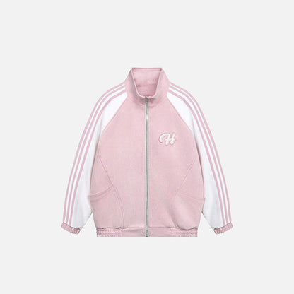 Front view of the pink Classic Striped Track Jacket in a gray background