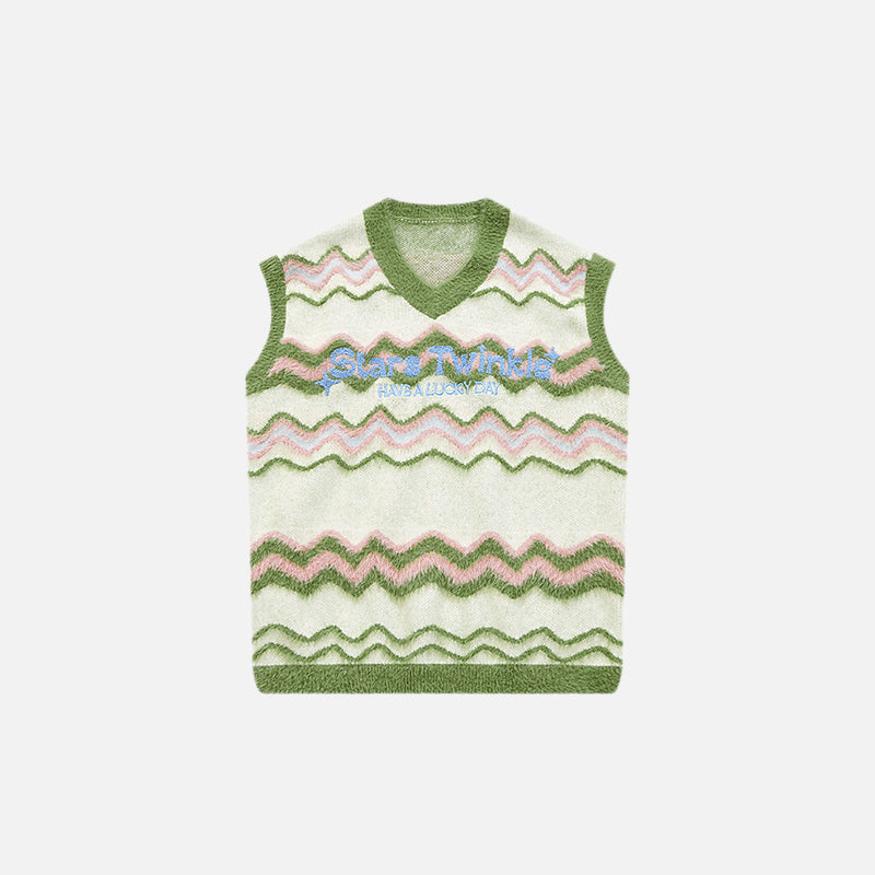 Front view of the green Y2k Fuzzy Star Twinkle Knitted Vest in a gray background 
