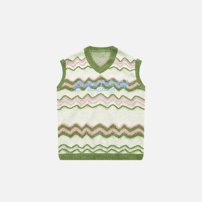 Front view of the green Y2k Fuzzy Star Twinkle Knitted Vest in a gray background 