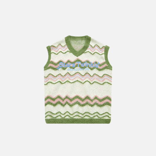 Front view of the green Y2k Fuzzy Star Twinkle Knitted Vest in a gray background 