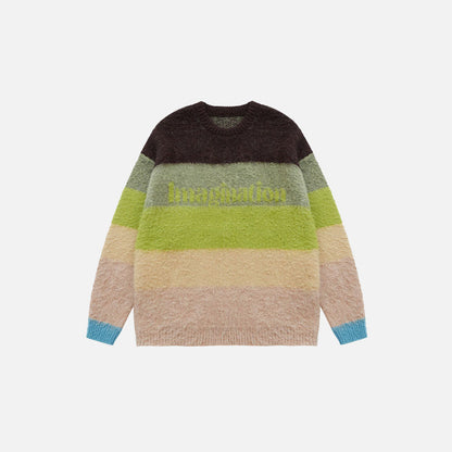 Front view of the green  Fuzzy Loose Striped Contrast Color Sweater in a gray background 