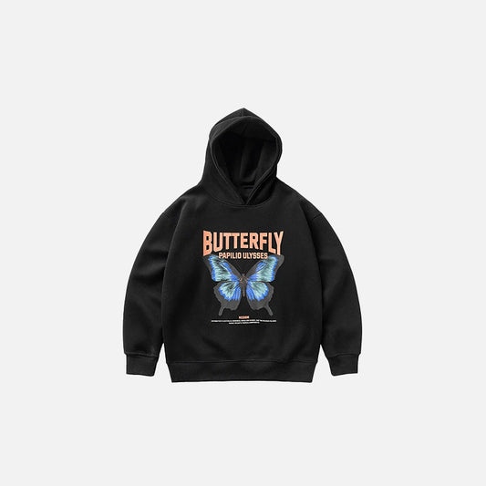 Front view of the black Varsity Butterfly Print Hoodie in a gray background