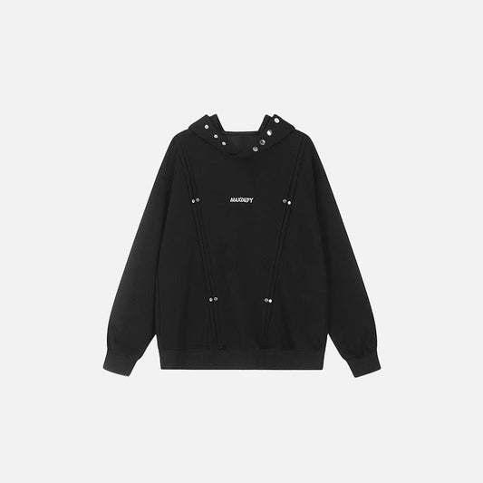 Front view of the black MaxGrip Utility Hoodie in a gray background