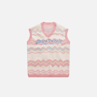 Front view of the pink Y2k Fuzzy Star Twinkle Knitted Vest in a gray background 