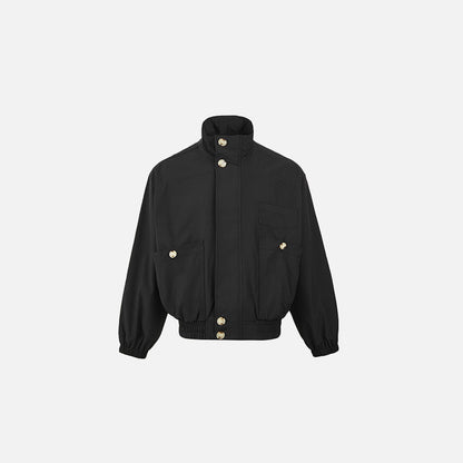 Front view of the black High-Collar Bomber Jacket in a gray gray background