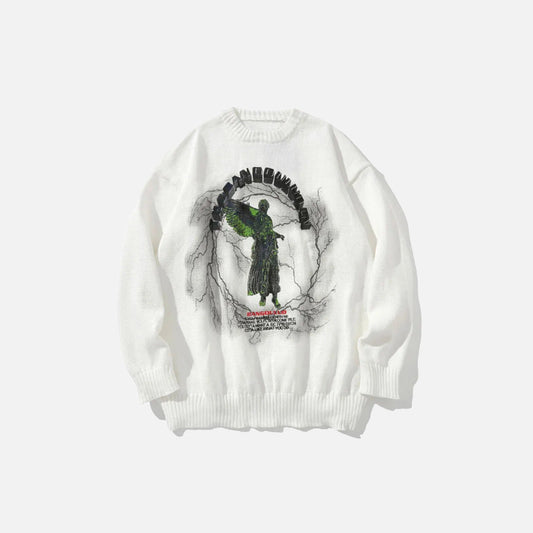 Front view of the white Angel Graphic Sweater of the gray bckground