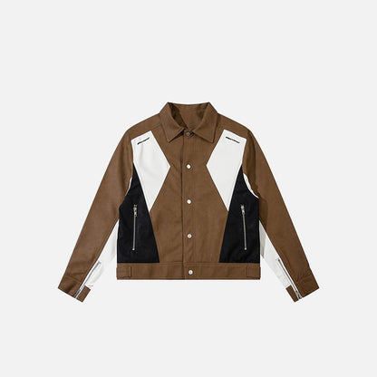 Retro Color Block PU Leather Jacket