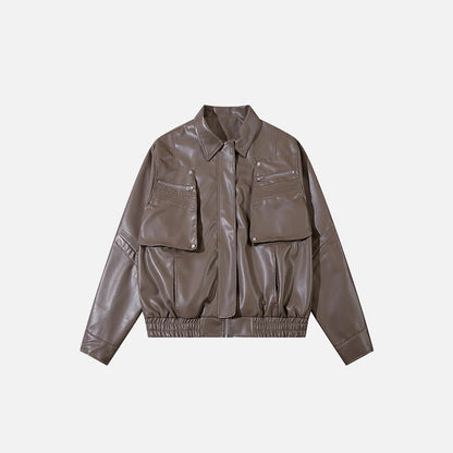 Solid Color Pockets Leather Jacket