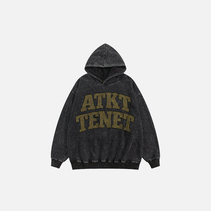 Front view of the black Loose Letter Prints Hoodie in a gray background 