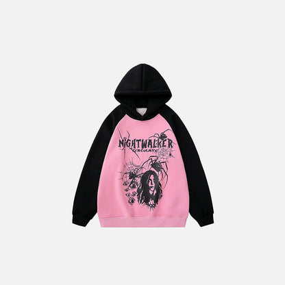 Front view of the pink Nightwalker Horror Hoodie in a gray background