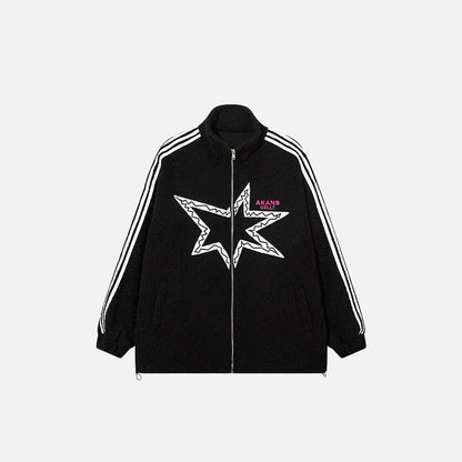 Front view of black Striped Fleece Stars Jacket in a gray background