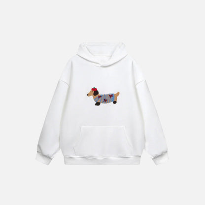 Front view of the white Dachshund Embroidered Hoodie in a gray background