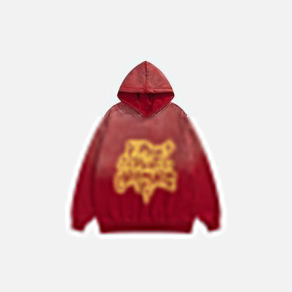 Front view of the red Star Washed Loose Hoodie in a gray background 