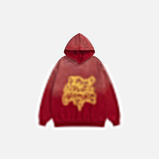 Front view of the red Star Washed Loose Hoodie in a gray background 