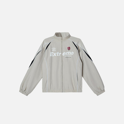 Front view of the beige Loose Letter Printed Sports Jacket in a gray background 